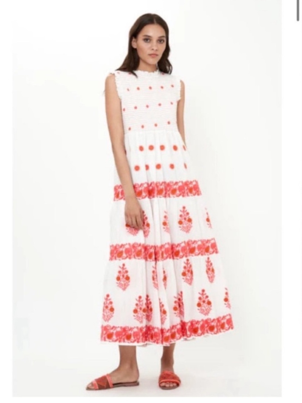 Oliphant Calistoga Coral White Polka Dot Smocked Embroidered Maxi Dress XXS